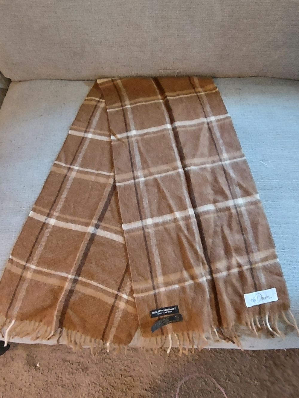 Vintage The Denver Camel Hair Plaid Scarf Made West Germany Tan Brown Fringe